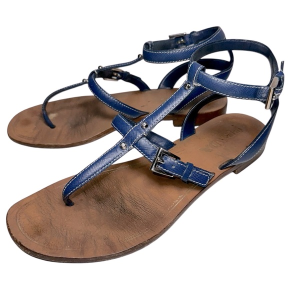 Prada Women’s Size 37 7 Blue Leather Silver Studded Accents T-Strap Sandals - Picture 1 of 9